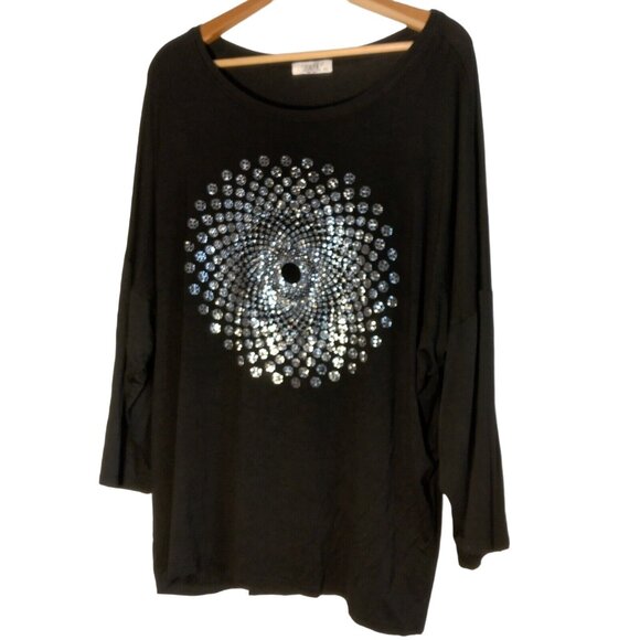 Julia Tops - Julia Plus Size Shirt 3XL Black Silver Mandala Circle Tunic 3/4 Sleeve